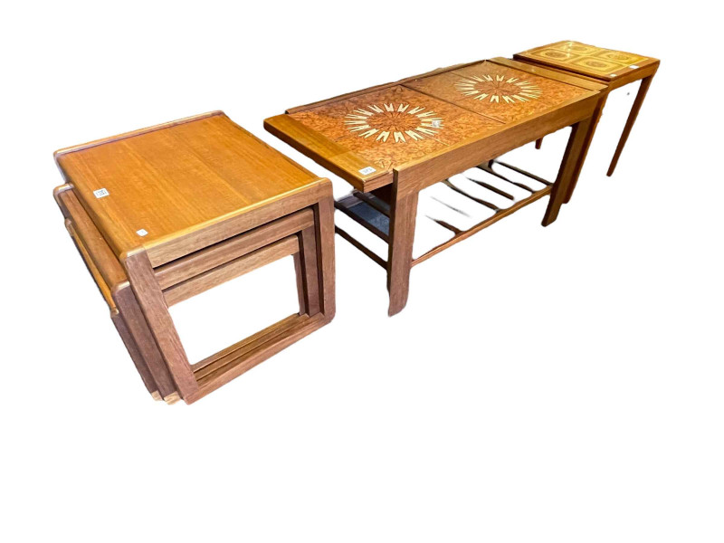 Teak and tiled extending coffee table with integral leaf, teak and tiled top occasional table and nest of three teak tables.