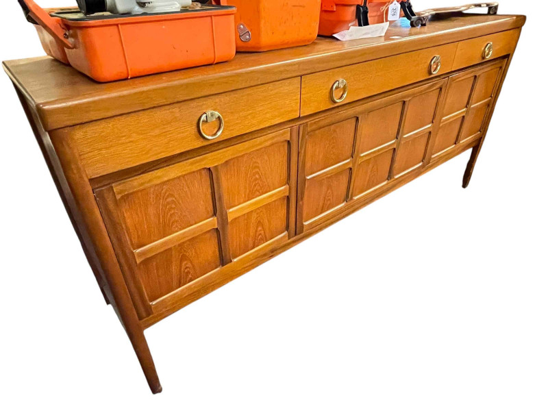Mid Century teak cocktail sideboard, 84cm by 183cm by 45cm.