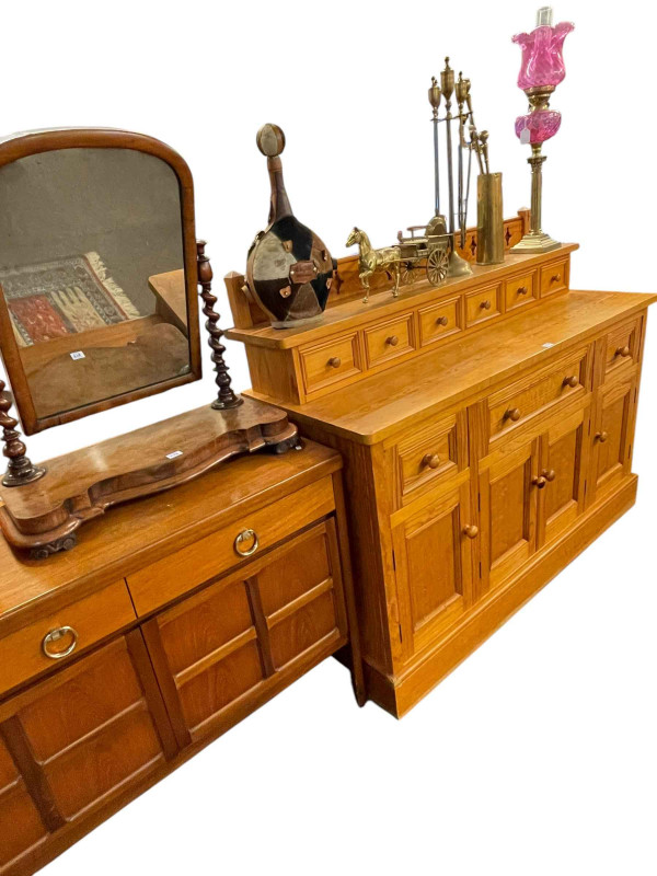 Pine kitchen side cabinet having six spice drawers above a base of three drawers and four cupboard doors together with a Victorian mahogany toilet mirror.