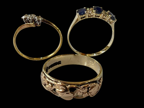 14k gold sapphire and diamond ring, 18ct three-stone diamond ring and 9ct gold ring (3). thumbnail