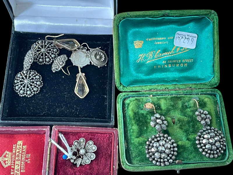 Two pairs antique cut steel earrings, other earrings and pearl and diamond pendant (5).