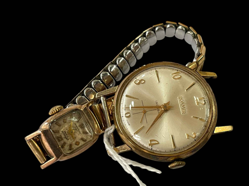 Roamer 9ct gold gent's watch and lady's gold watch with plated bracelet (2).