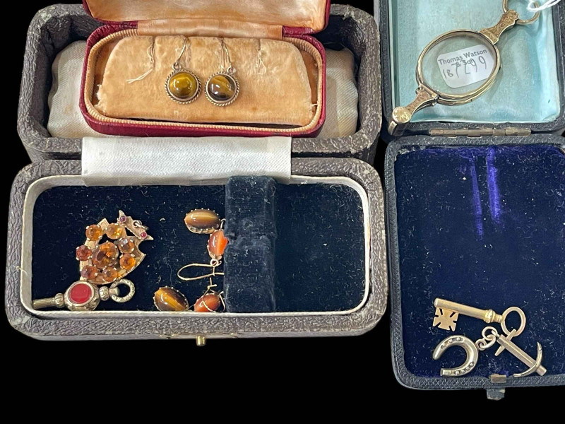 Antique lorgnette, novelty watch keys, gold tigers eye earrings and citrine pendant etc.
