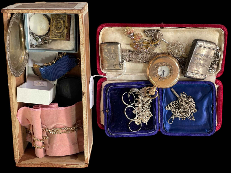 Collection of small items, including gold plated half hunter, silver vesta cases, silver Albert, jewellery etc.