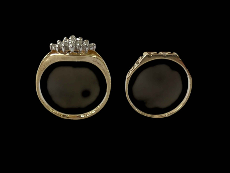 Diamond sixteen-stone 9ct gold cluster ring, size O and gold ring (2).