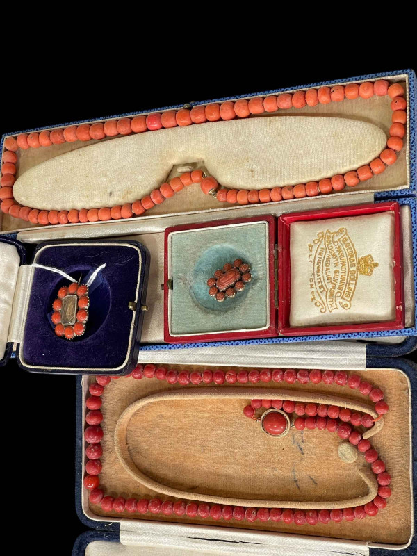 Two coral brooches and two necklaces (4).