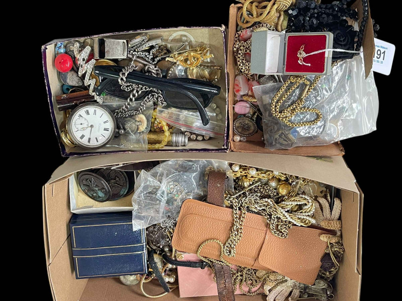 Box of jewellery with silver pocket watch and silver Alberts.