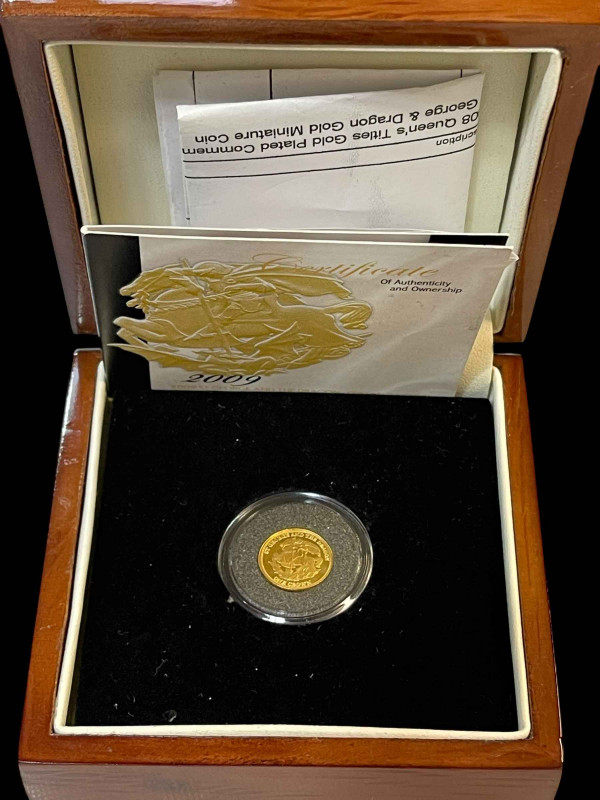 2009 St George and the Dragon Tristan Da Cunha 1/25th ounce gold one crown coin in box with COA.