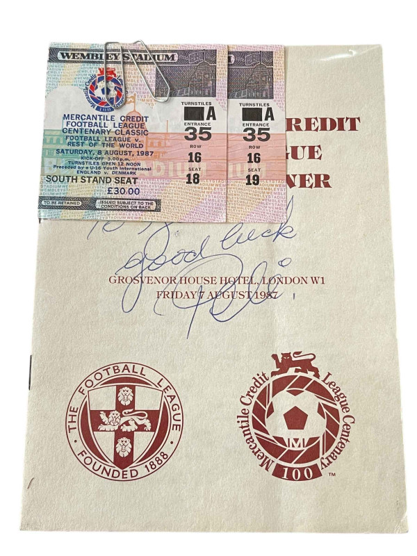 Wembley Stadium 1987 - two tickets to football league centenary classic and Pele signed dinner menu.