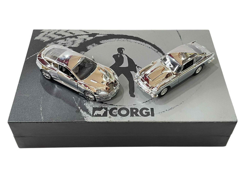 Corgi silvered Aston Martin DB5 and DBS for James Bond 007 re-packaged in 007 case.