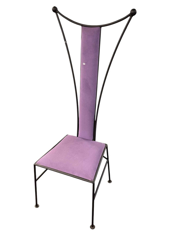 Contemporary wrought iron and lilac fabric high back chair.