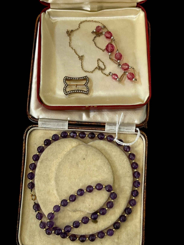 Gold seed pearl buckle, amethyst and gold bead necklace and crystal necklace (3).