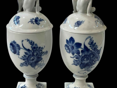 Pair Royal Copenhagen blue and white covered vases with cherub finials, 28.5cm. thumbnail