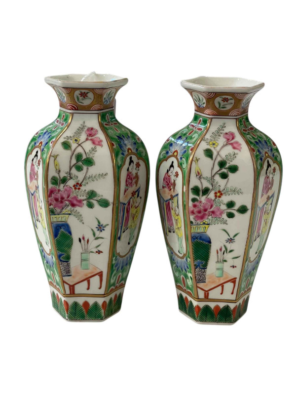 Pair of Oriental Famille Rose hexagonal vases, 18cm.