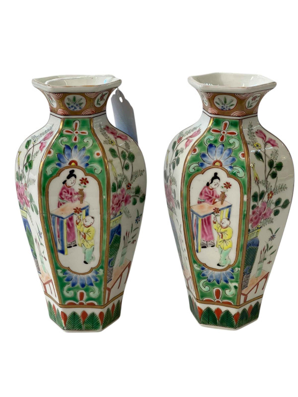 Pair of Oriental Famille Rose hexagonal vases, 18cm.