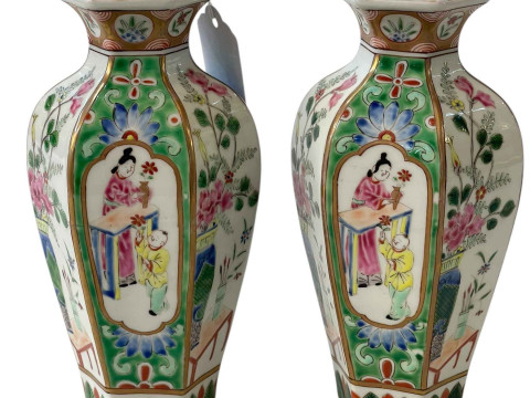 Pair of Oriental Famille Rose hexagonal vases, 18cm. thumbnail