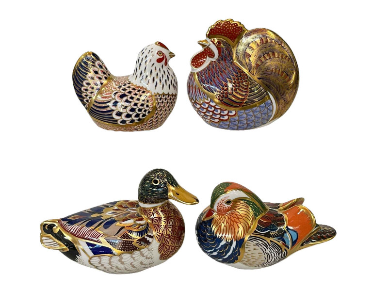 Four Royal Crown Derby paperweights, Cockerel, Hen, Mandarin Duck and Mallard Duck.