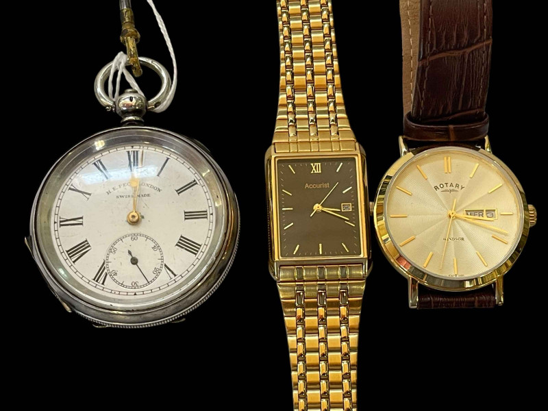 Rotary Windsor wrist watch, Accurist watch and H E Peck, London pocket watch.