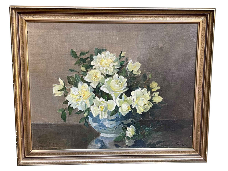 John Bulloch Souter (1890-1971), still life white roses, oil on board, signed lower right, 34cm x 44.5cm, framed.