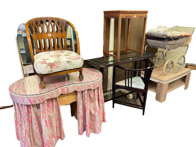 Silver Cross dolls pram and doll, contemporary coffee table, Oriental style occasional table, glass topped console table and matching chair, kidney shaped dressing table and 1930's occasional chair (7).