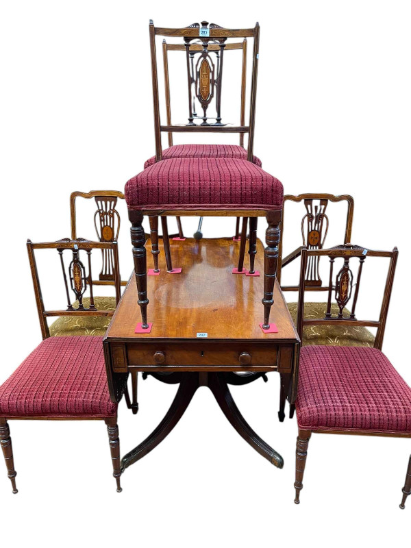 Victorian mahogany two drawer Pembroke table, set of Victorian inlaid rosewood parlour chairs and pair inlaid mahogany side chairs (7).