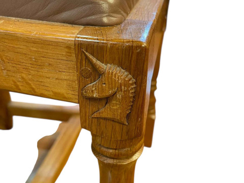 Coxwold cabinet makers unicorn mahogany oak refectory dining table, 75cm x 90cm x 183cm, together with a set of six Yorkshire Rose carved panel back dining chairs. thumbnail