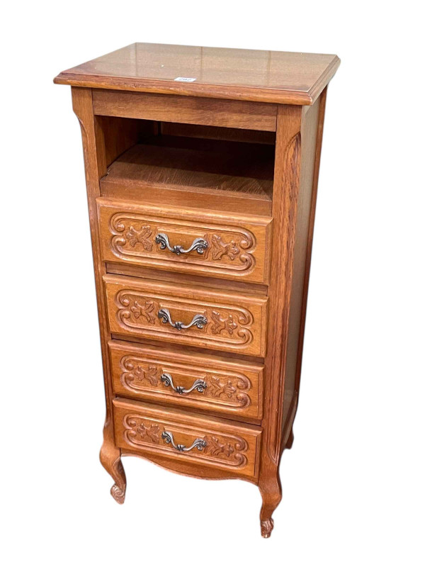 Continental carved oak four drawer chest on cabriole legs, 101cm x 44cm x 35cm.
