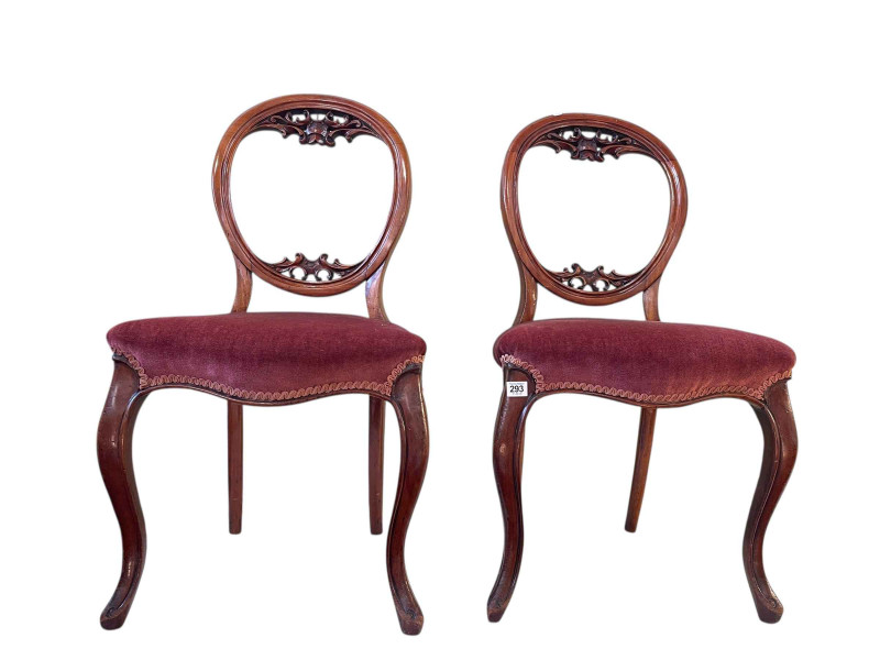 Pair Victorian mahogany balloon back parlour chairs with serpentine front seats.