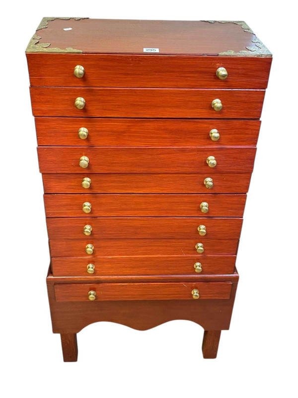 Brass bound ten drawer specimen/coin cabinet, 99.5cm x 49.5cm x 25.5cm.