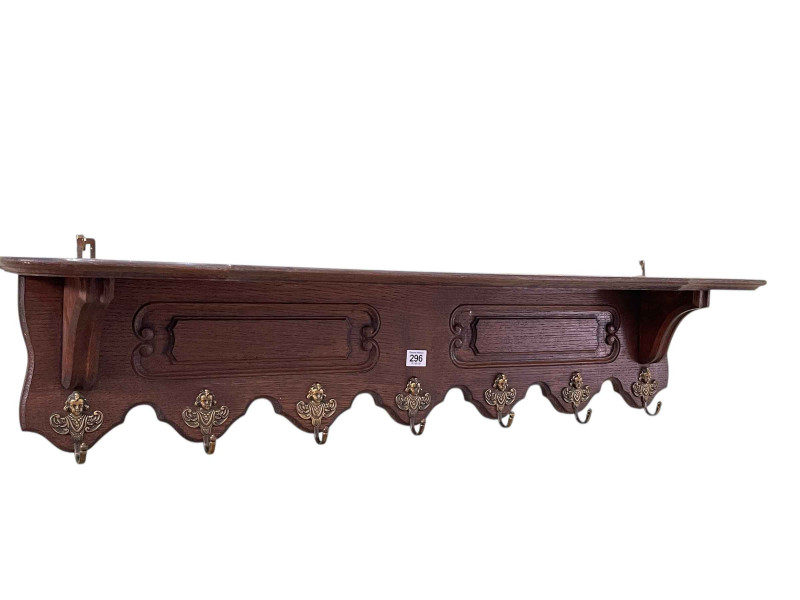 Continental oak seven hook coat rack, 22cm x 103.5cm x 19.5cm.
