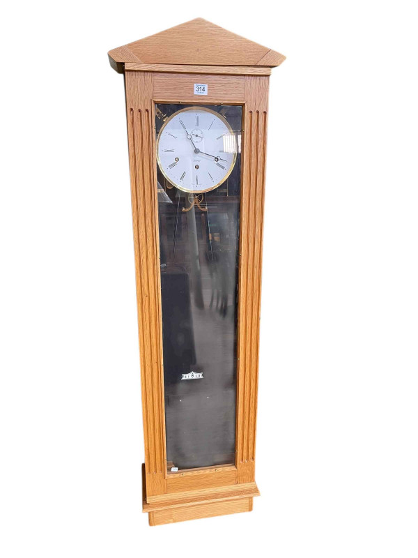 Bespoke oak cased Keininger pendulum wall clock, 144cm.