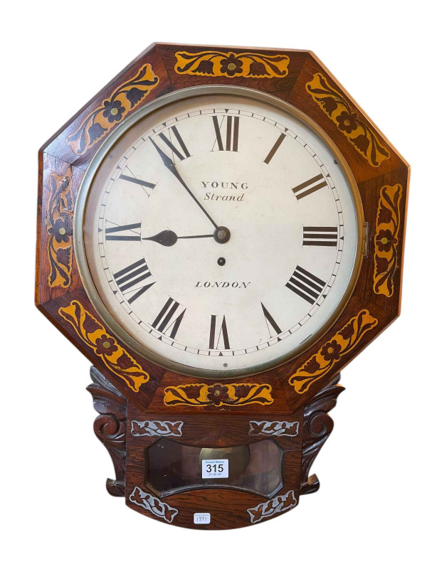 Victorian rosewood drop dial wall clock, the dial painted Young, Strand, London.
