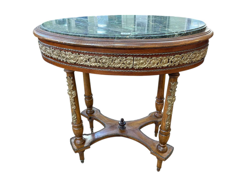 French gilt metal mounted oval table with marble inset top, 78.5cm x 79cm x 55cm.