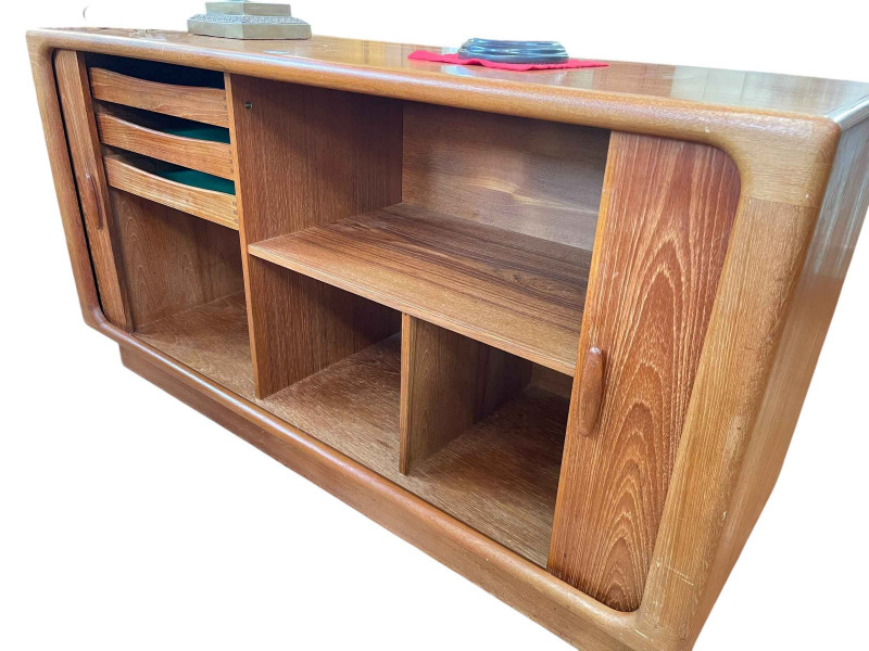 Dyrlund, Denmark mid century teak tambour door sideboard, 78.5cm x 149.5cm x 50cm.