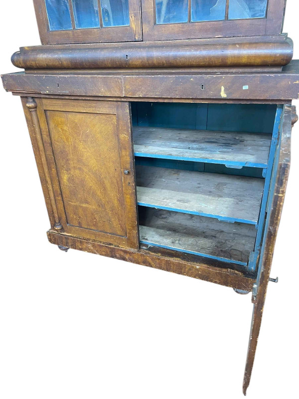 Antique country pine cabinet having two arched astragal glazed panel doors above three drawers and two cupboard doors, 225cm x 154cm x 69cm.