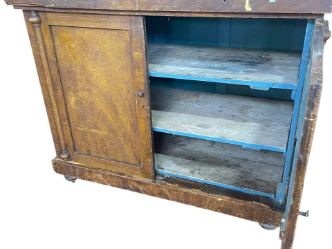 Antique country pine cabinet having two arched astragal glazed panel doors above three drawers and two cupboard doors, 225cm x 154cm x 69cm. thumbnail