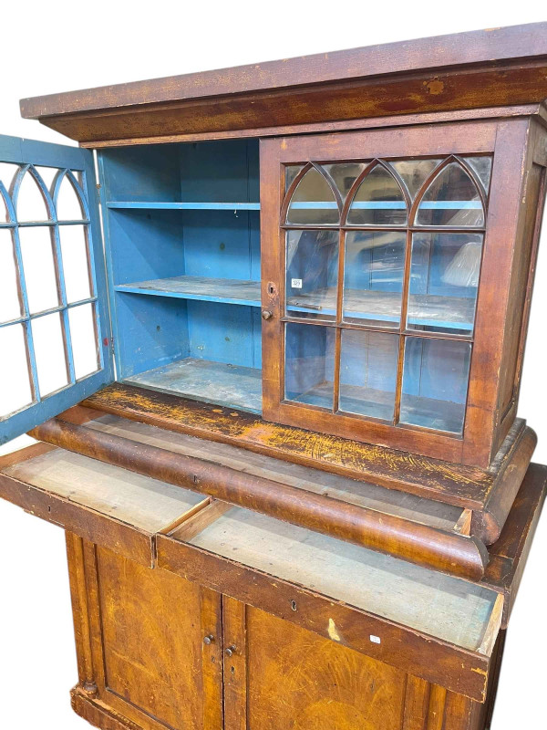 Antique country pine cabinet having two arched astragal glazed panel doors above three drawers and two cupboard doors, 225cm x 154cm x 69cm.