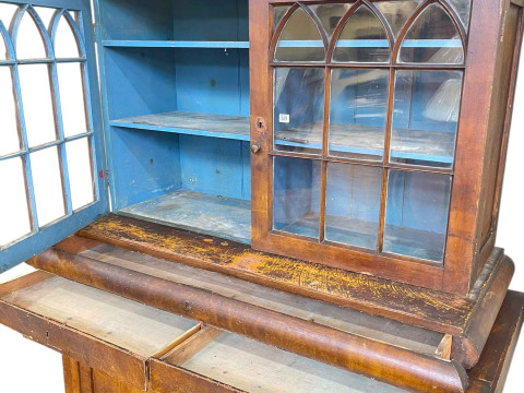 Antique country pine cabinet having two arched astragal glazed panel doors above three drawers and two cupboard doors, 225cm x 154cm x 69cm. thumbnail