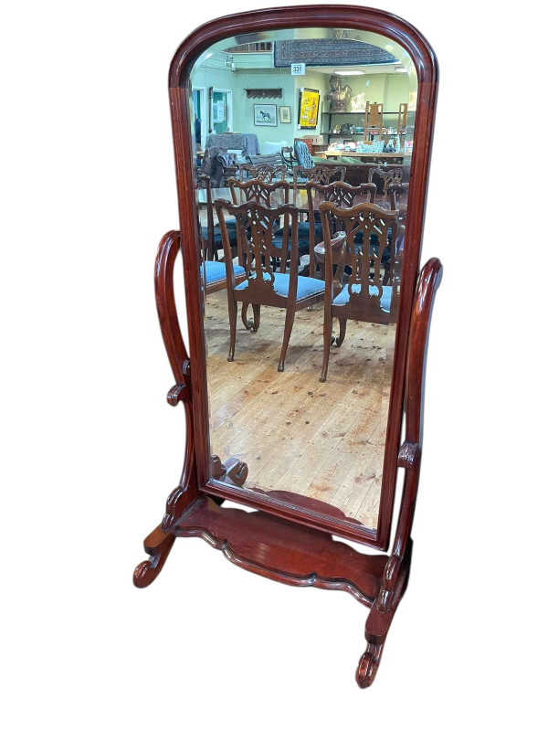 Victorian style mahogany framed bevelled cheval mirror, 159cm x 80cm x 56cm.
