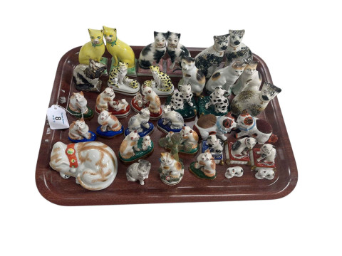 Collection of small cats including Staffordshire and Continental porcelain...