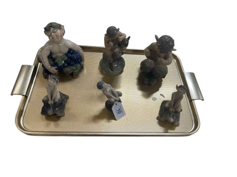 Royal Copenhagen Fauns including flute player, Bacchus, etc (6).