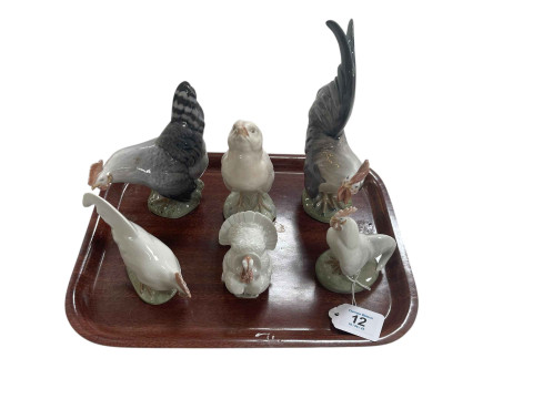 Royal Copenhagen Cockerel and Hen, small Turkey and three others (6).