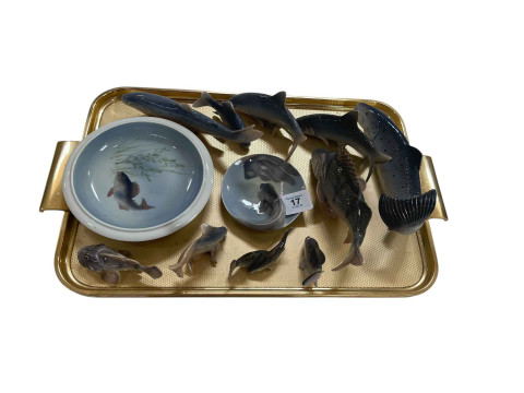 Royal Copenhagen pieces comprising ten fish and two dishes.