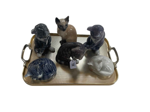 Six large size Royal Copenhagen cats, largest 19cm.