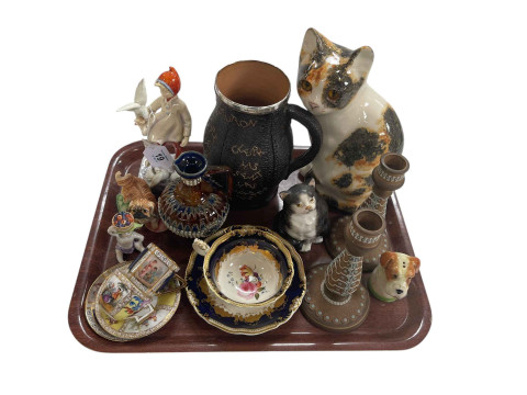 Tray lot with Winstanley cat, Doulton Slaters flagon, Worcester November...