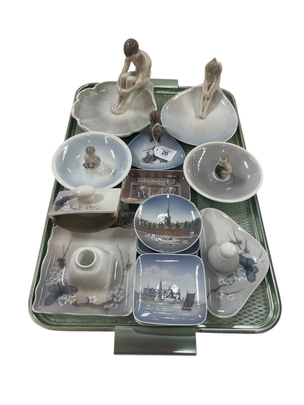 Collection of mostly Royal Copenhagen bon bon dishes, pin trays, inkwell, etc (15).
