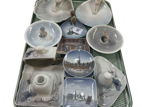 Collection of mostly Royal Copenhagen bon bon dishes, pin trays, inkwell,...