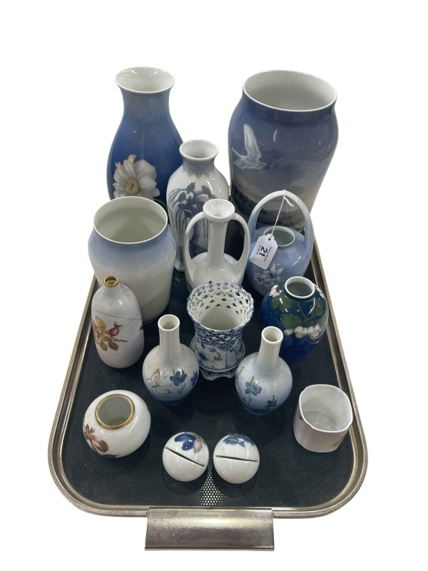 Eleven Royal Copenhagen vases, largest 25cm, and four small pieces.