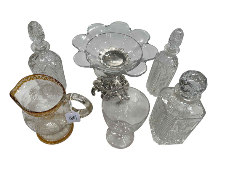 Silver plated and glass centre piece, fisherman engraved rummer, engraved jug, and three decanters (6).
