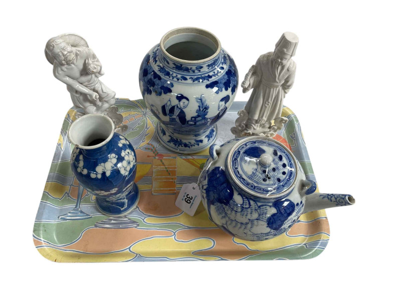 Chinese blue and white vase, teapot, prunus vase and pair figures.